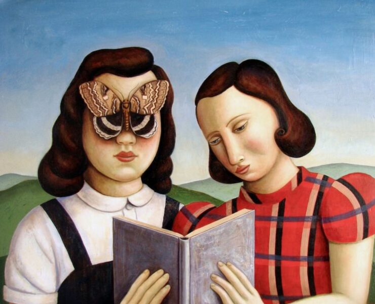 Devojčica koja čita knjigu sa kikom preko očiju